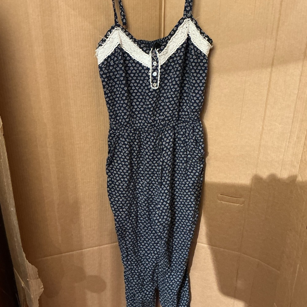 Forever 21 Navy and White Floral Lace-Trim Jumpsuit